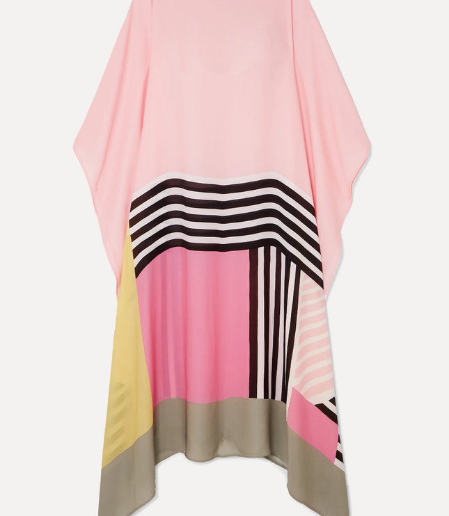 Flat lay of pink maxi dress showing geometric color block and striped pattern throughout