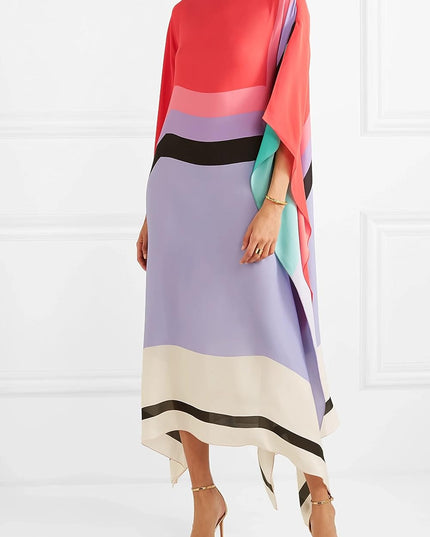 Women's geometric color block maxi dress with coral, pink, purple, teal, black and cream horizontal stripes