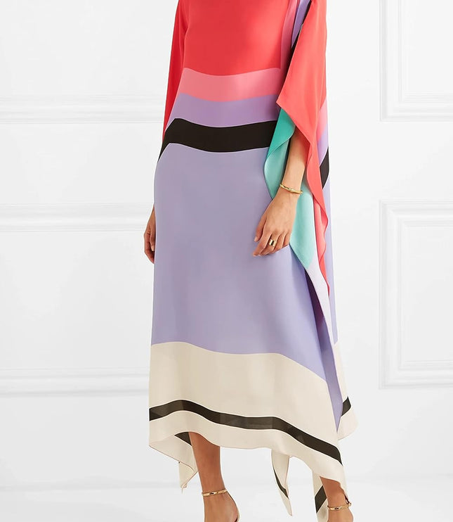 Women's geometric color block maxi dress with coral, pink, purple, teal, black and cream horizontal stripes