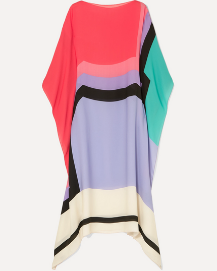 Flat lay of geometric maxi dress with flowing batwing sleeves and multicolor horizontal bands