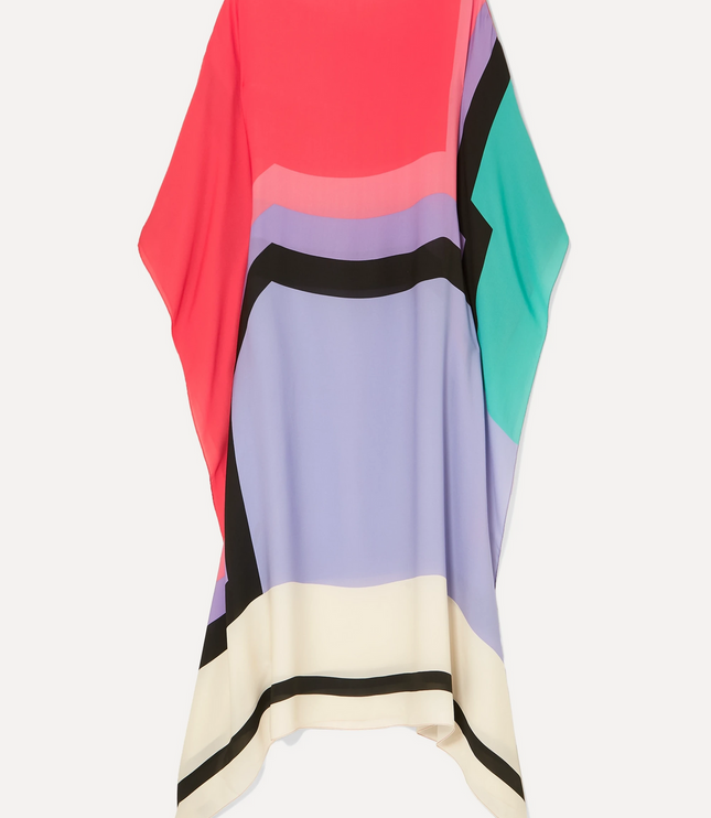 Flat lay of geometric maxi dress with flowing batwing sleeves and multicolor horizontal bands