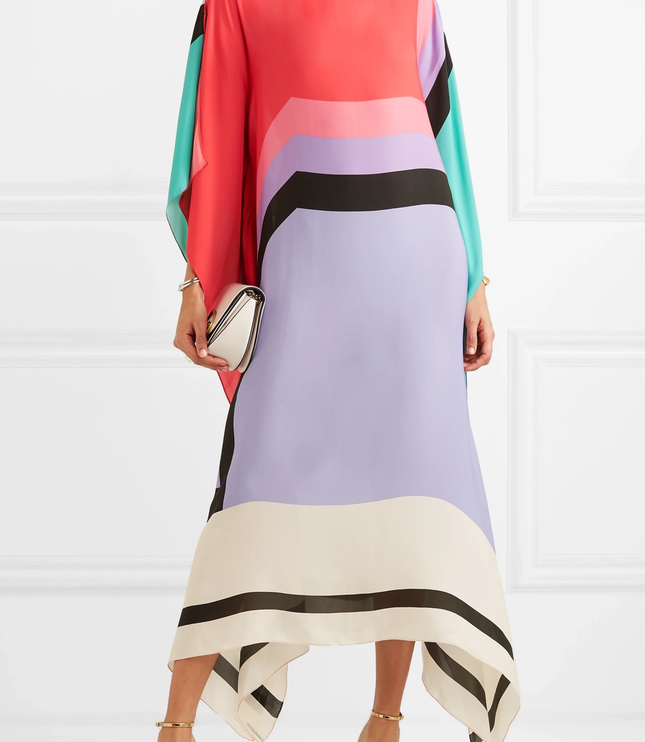 Color block maxi dress in coral, lavender, and cream with black and white striped details