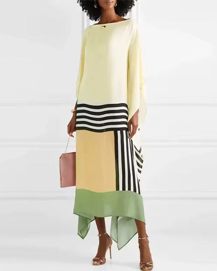 Yellow and pale green color block maxi dress with black and white striped middle section