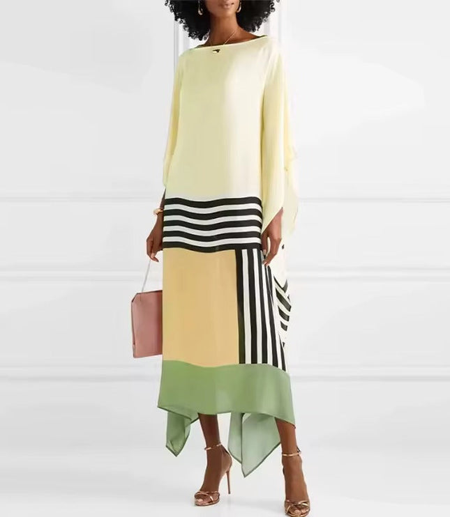 Yellow and pale green color block maxi dress with black and white striped middle section