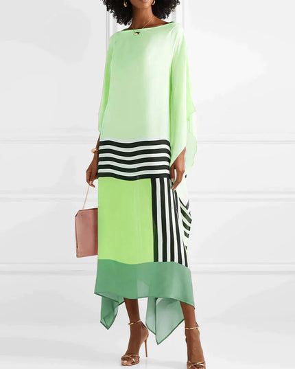 Bright lime green and pale green color block maxi dress with geometric black stripe pattern