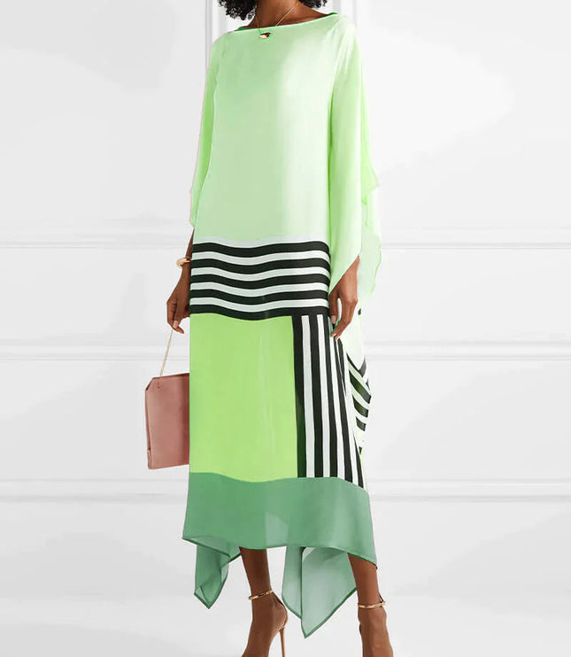 Bright lime green and pale green color block maxi dress with geometric black stripe pattern