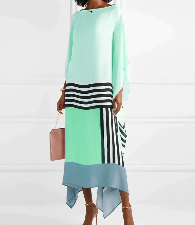 Mint green and teal color block maxi dress with black and white striped geometric design