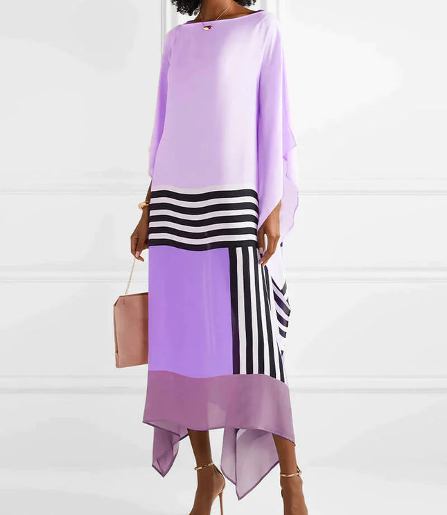 Lavender and purple color block maxi dress with black and white striped geometric accents