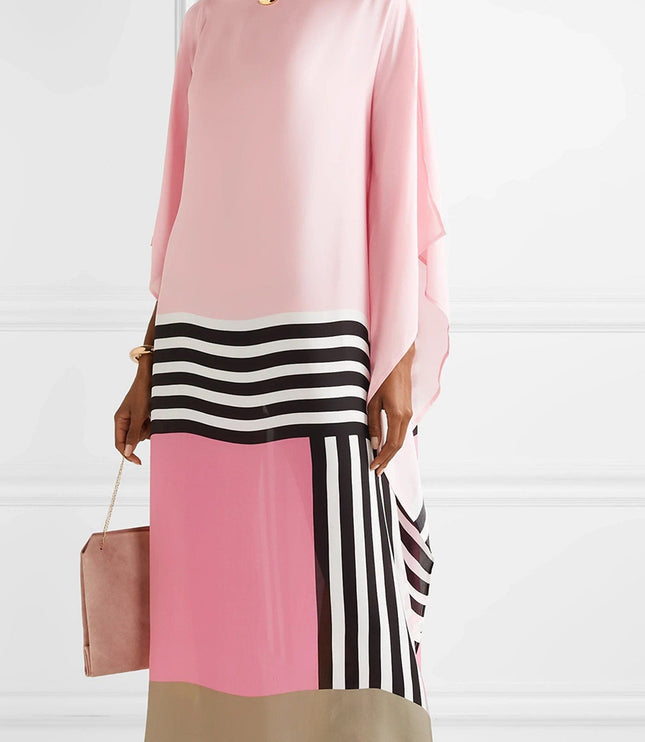 Back view of pink maxi dress with striped and color block geometric pattern details