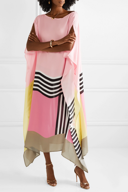 Women's maxi dress with pink, yellow, and beige color blocks and black striped geometric pattern