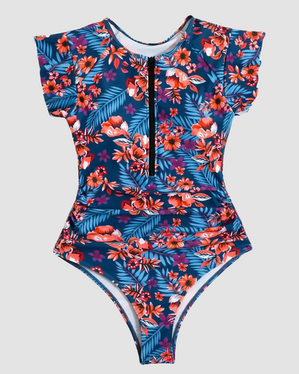 Flat lay of tropical leaf print one piece swimsuit with zip front closure