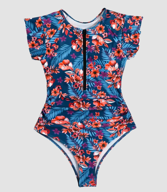 Flat lay of tropical leaf print one piece swimsuit with zip front closure