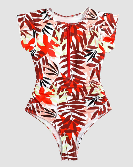 Red and white tropical leaf print one piece swimsuit, flat lay front