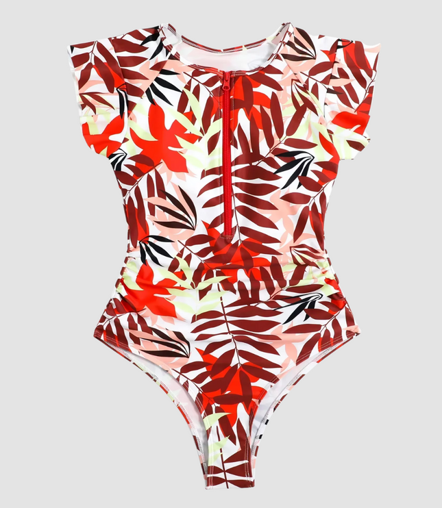 Red and white tropical leaf print one piece swimsuit, flat lay front