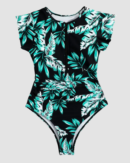 Turquoise leaf print one piece bathing suit, flat lay front view
