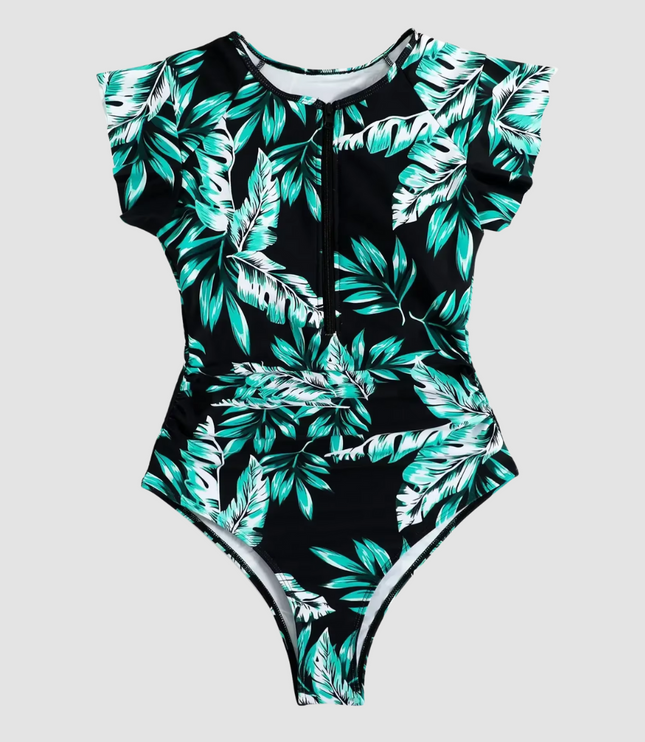 Turquoise leaf print one piece bathing suit, flat lay front view