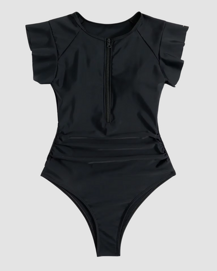 Navy blue floral and leaf print one piece swimsuit with short sleeves