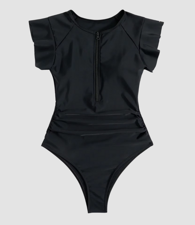 Navy blue floral and leaf print one piece swimsuit with short sleeves
