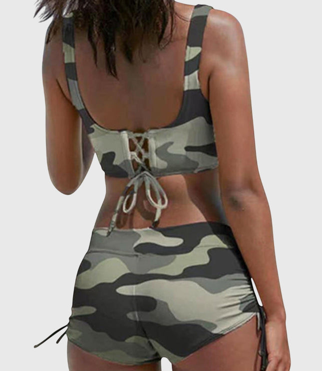 Back view of camo bikini with lace-up detail on top and side-tie shorts