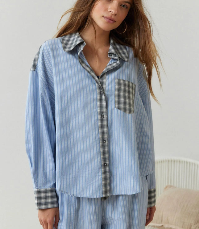 Women's Check And Stripe Buttoned Pyjamas