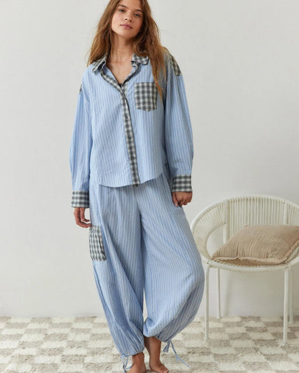 Women's Check And Stripe Buttoned Pyjamas