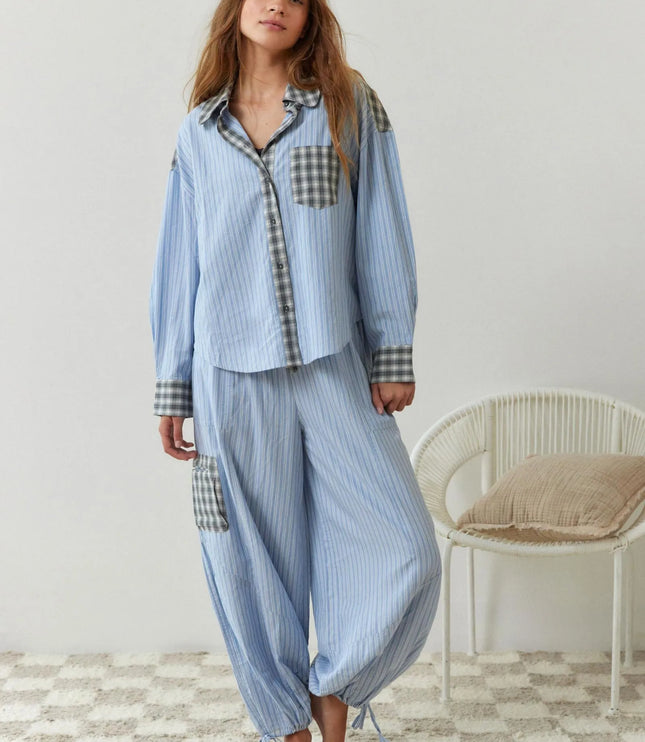 Women's Check And Stripe Buttoned Pyjamas