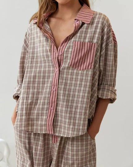Women's Check And Stripe Buttoned Pyjamas