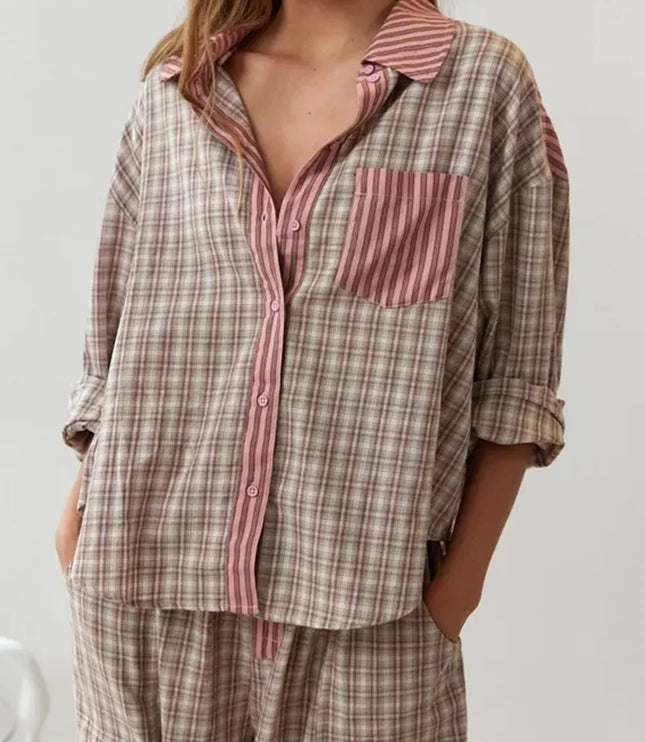 Women's Check And Stripe Buttoned Pyjamas