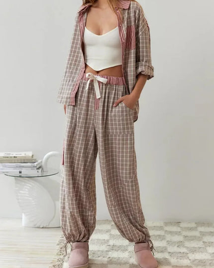 Women's Check And Stripe Buttoned Pyjamas