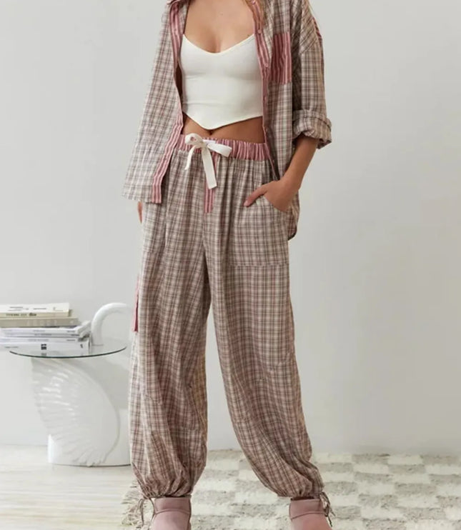 Women's Check And Stripe Buttoned Pyjamas