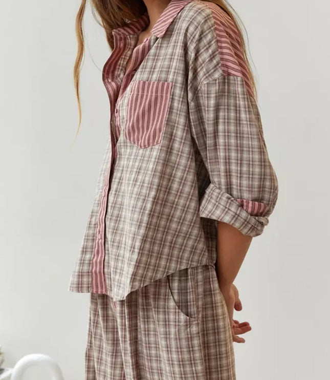 Women's Check And Stripe Buttoned Pyjamas