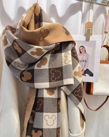Women's Check Scarf with Playful Motifs and Fringe