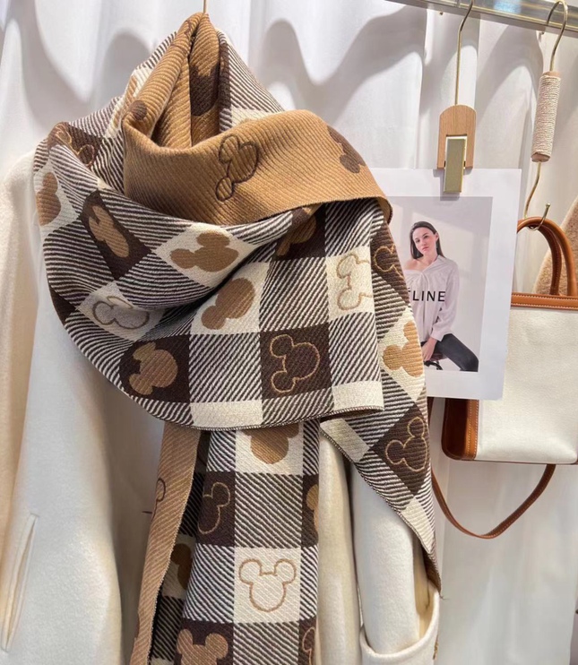 Women's Check Scarf with Playful Motifs and Fringe