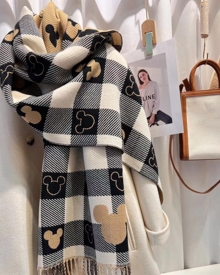 Women's Check Scarf with Playful Motifs and Fringe