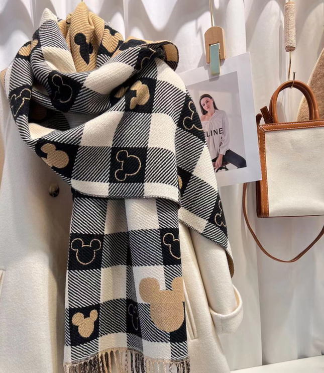 Women's Check Scarf with Playful Motifs and Fringe