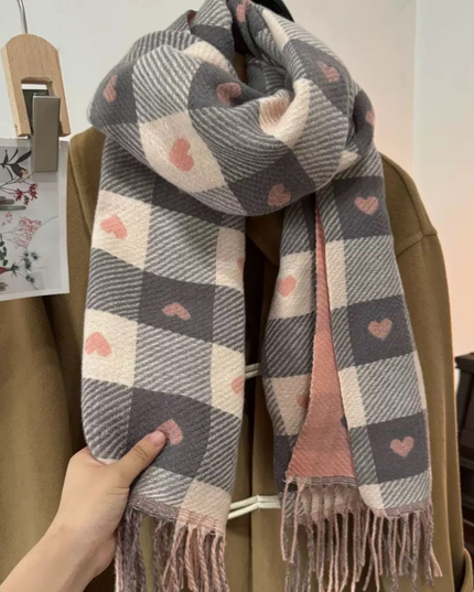Women's Check Scarf with Playful Motifs and Fringe