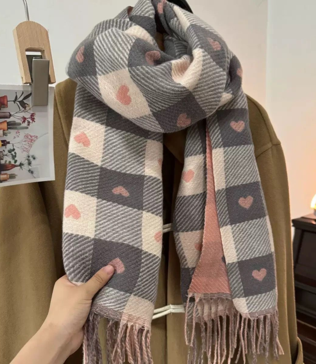 Women's Check Scarf with Playful Motifs and Fringe