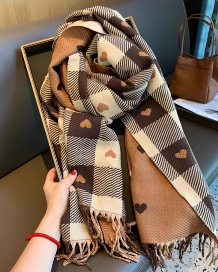 Women's Check Scarf with Playful Motifs and Fringe