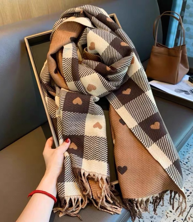 Women's Check Scarf with Playful Motifs and Fringe