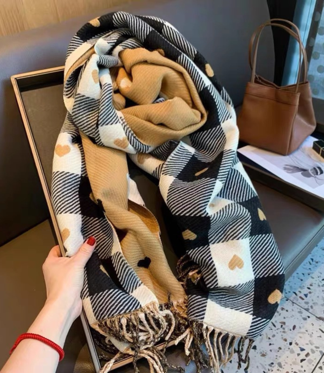Women's Check Scarf with Playful Motifs and Fringe