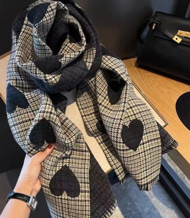 Women's Check Scarf with Playful Motifs and Fringe
