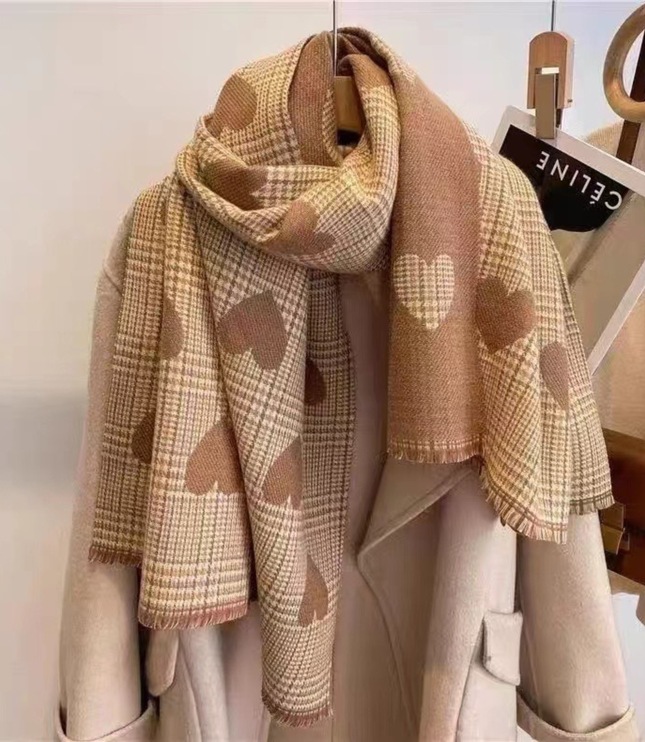 Women's Check Scarf with Playful Motifs and Fringe