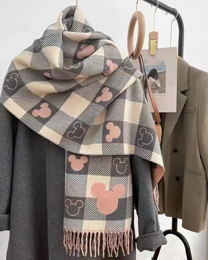 Women's Check Scarf with Playful Motifs and Fringe