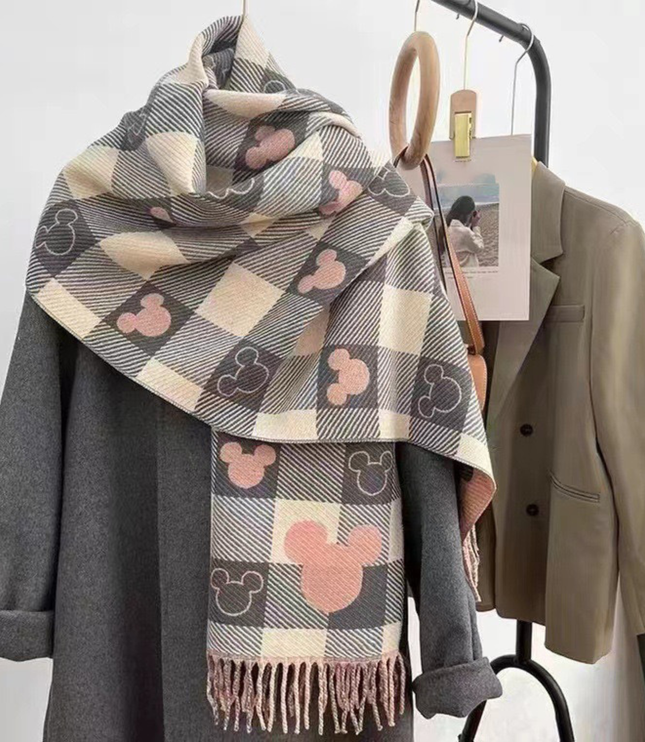 Women's Check Scarf with Playful Motifs and Fringe