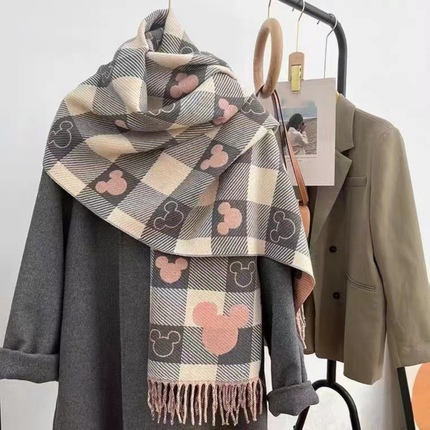 Women's Check Scarf with Playful Motifs and Fringe