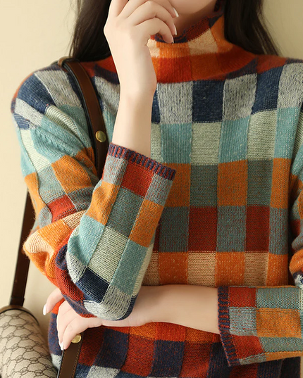 Women's Checked High Collar Knitted Jumper