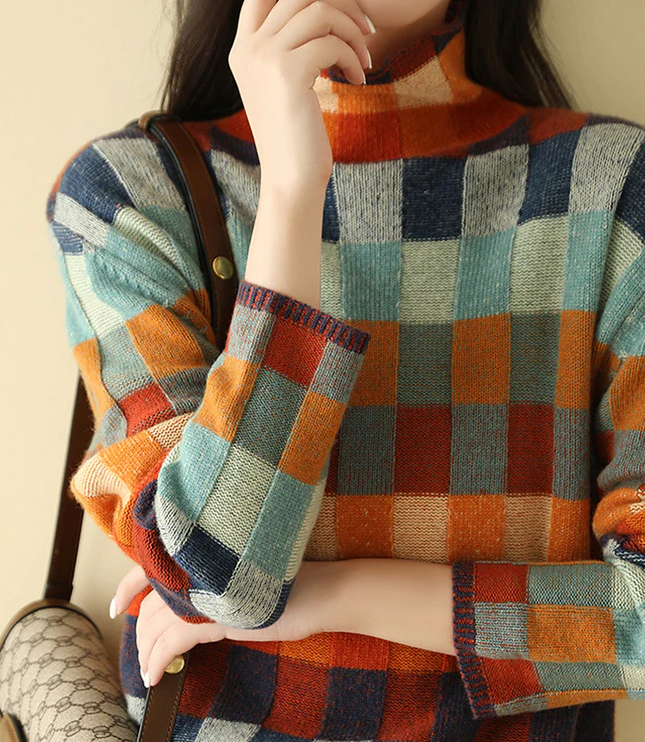 Women's Checked High Collar Knitted Jumper