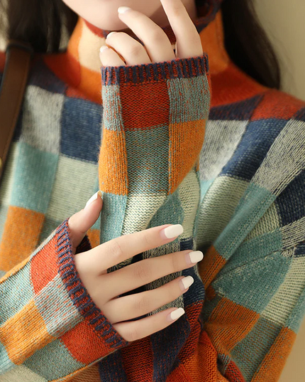Women's Checked High Collar Knitted Jumper