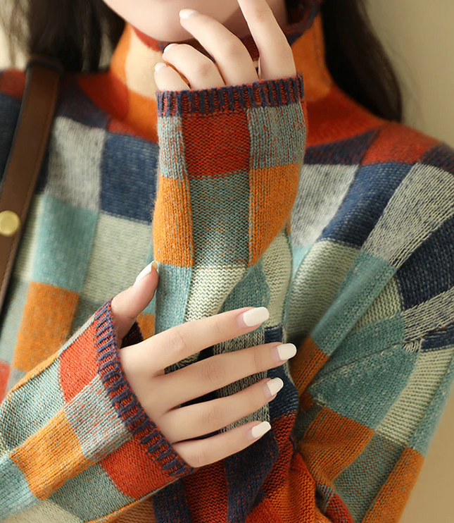 Women's Checked High Collar Knitted Jumper