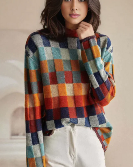 Women's Checked High Collar Knitted Jumper